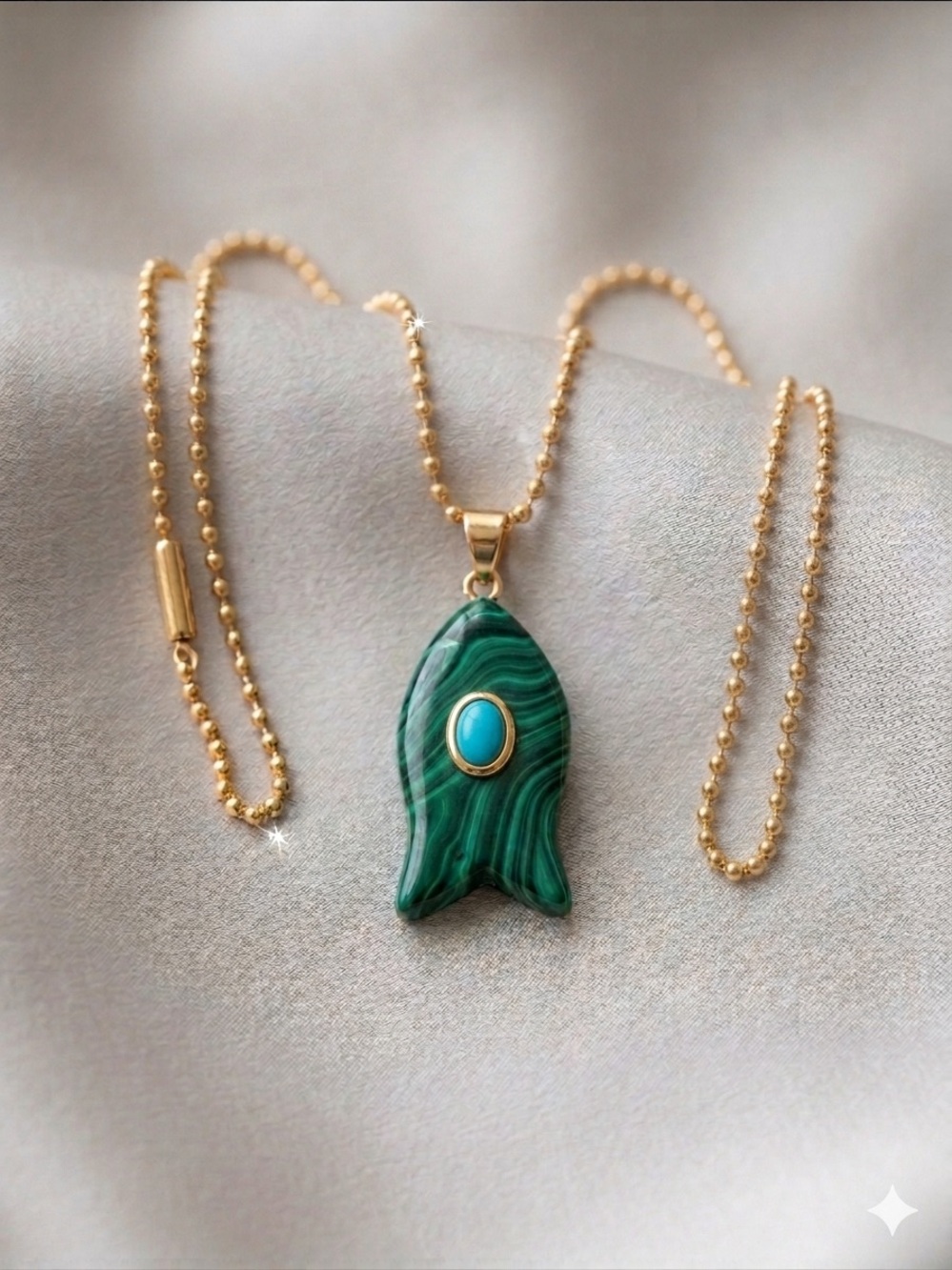Gold Chain Pendant Necklace - Multicolor Stone & Fish Charms - Picture 3 of 4